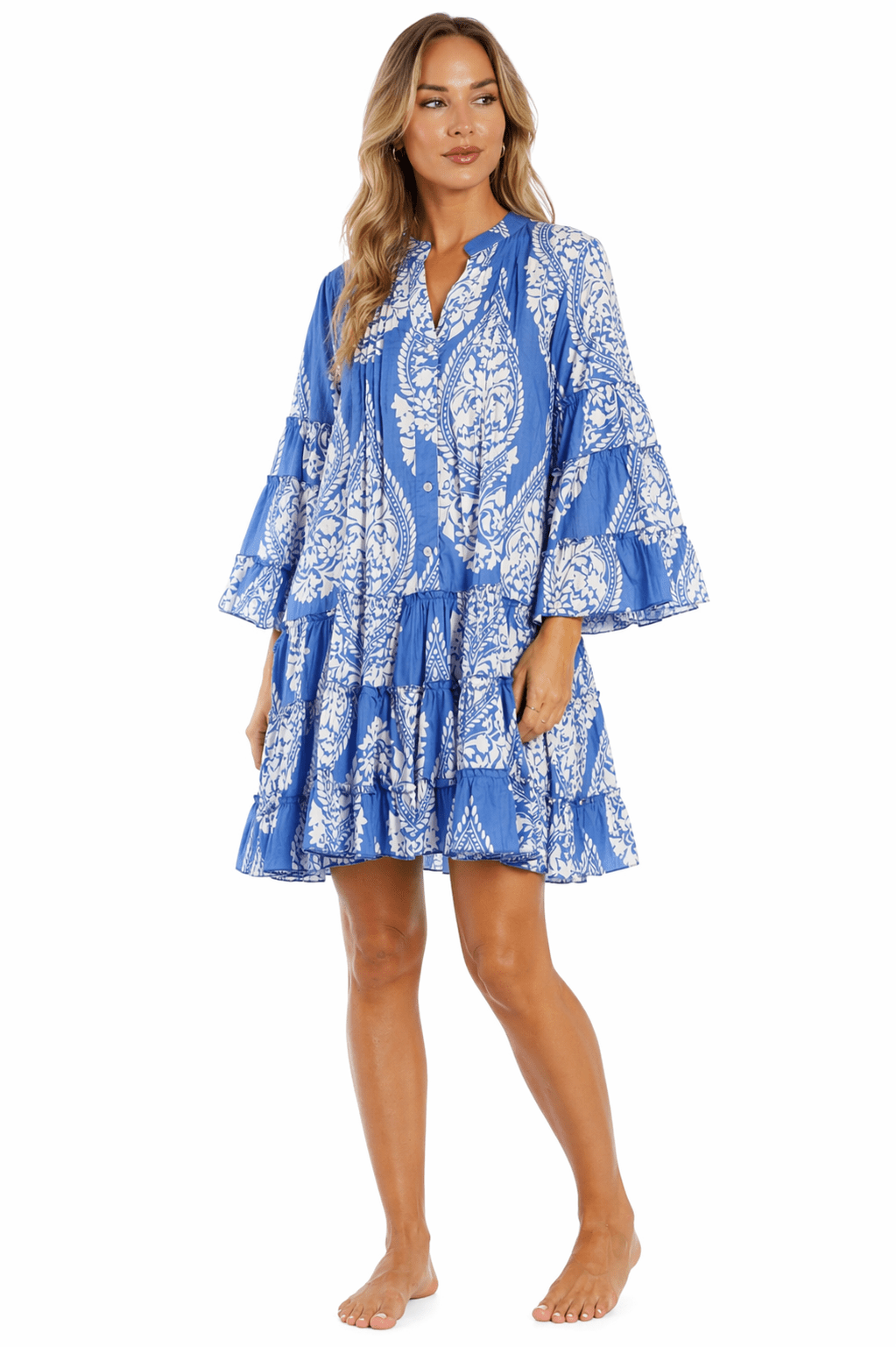 Cobalt Blue block print bell-sleeve tiered babydoll mini dress — front view | Luxury resort wear from Club Moda