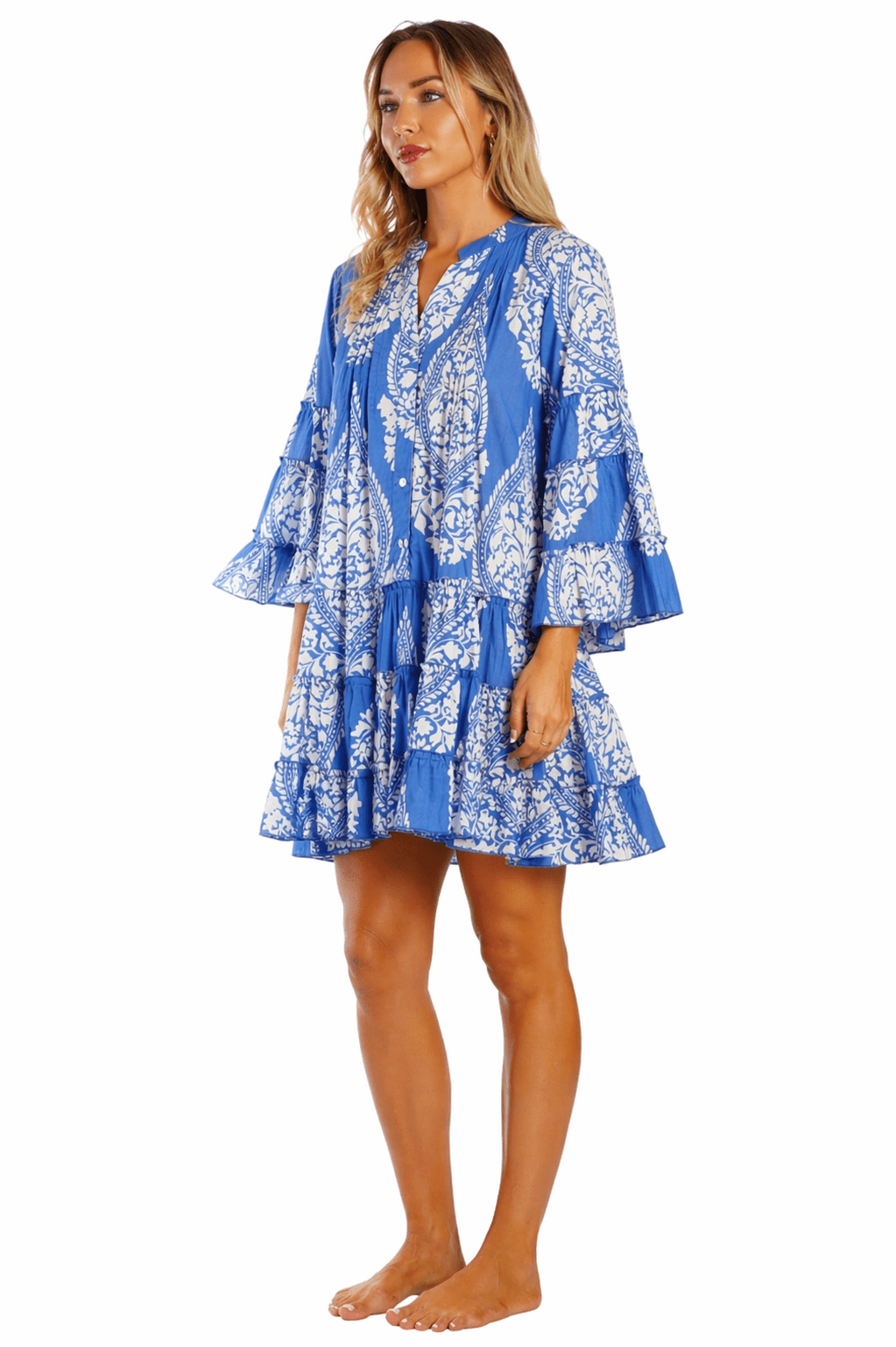 Cobalt Blue Block Print Tiered Bell-Sleeve Boho Babydoll Mini Dress - Designer Mini Dress | Elegant Kaftan Cover Up Dress | Club Moda USA