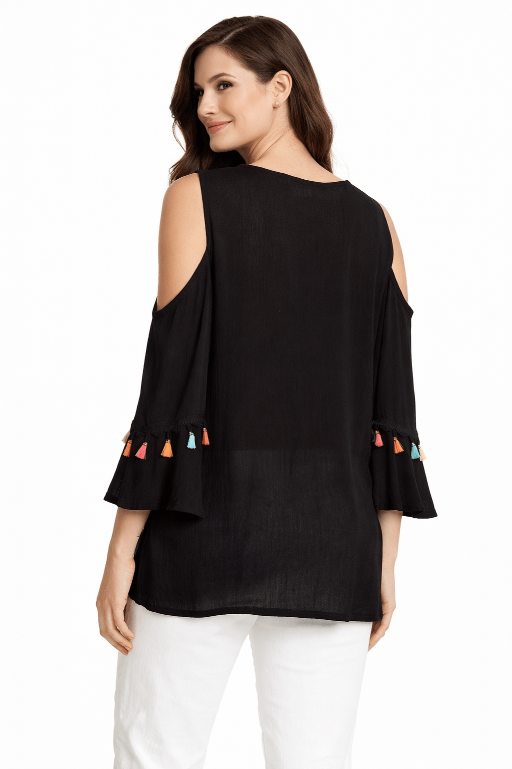 Embroidered Cold Shoulder Cover-Up Top with Colorful Tassels Club Moda Tunics - styling view 9