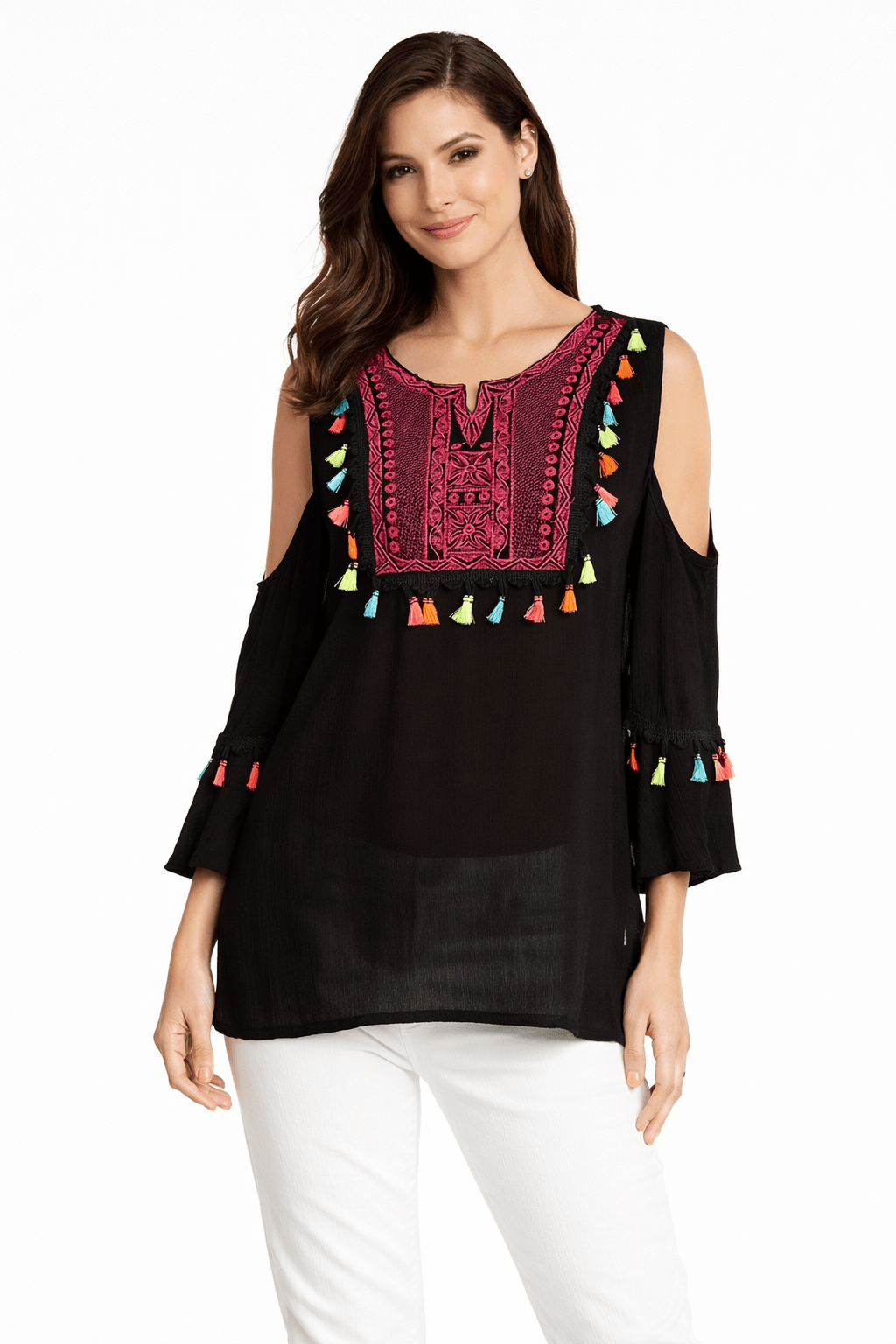 Embroidered Cold Shoulder Cover-Up Top with Colorful Tassels Club Moda Tunics - styling view 8