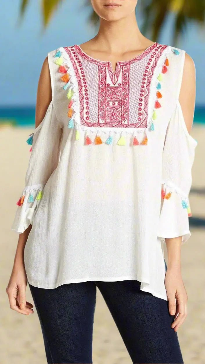Embroidered Cold Shoulder Cover-Up Top with Colorful Tassels lamodaclothings Tunics