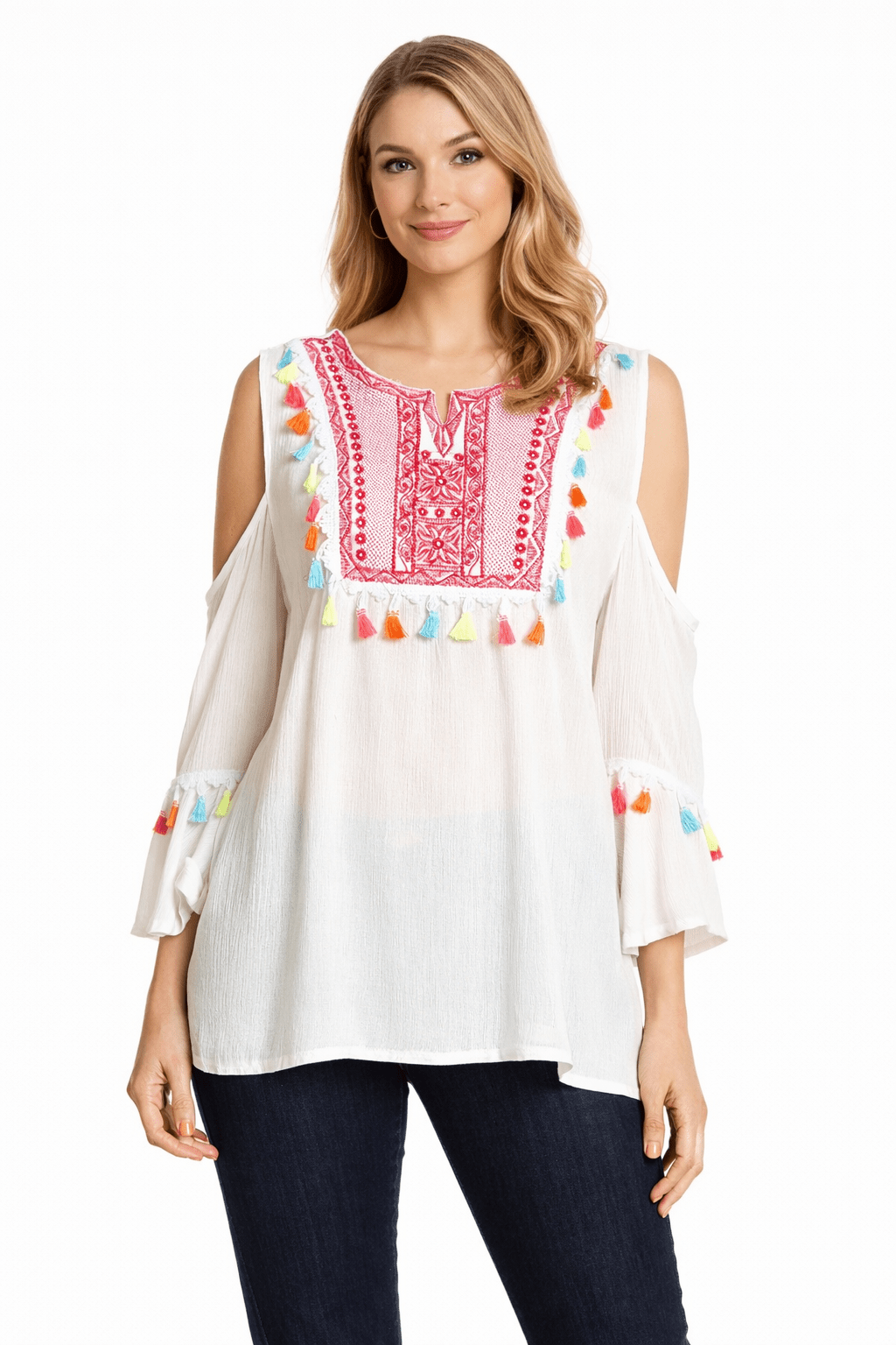 Embroidered Cold Shoulder Cover-Up Top with Colorful Tassels Club Moda Tunics - styling view 6