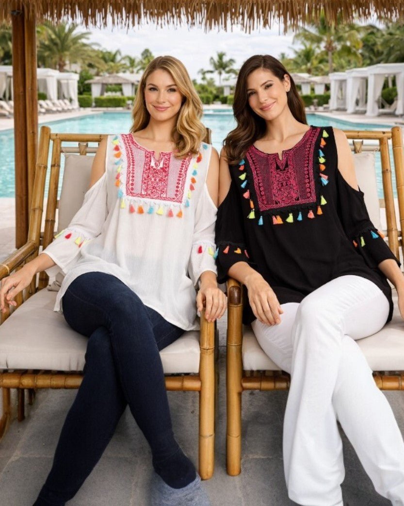 Embroidered Cold Shoulder Cover-Up Top with Colorful Tassels Club Moda Tunics - detail closeup