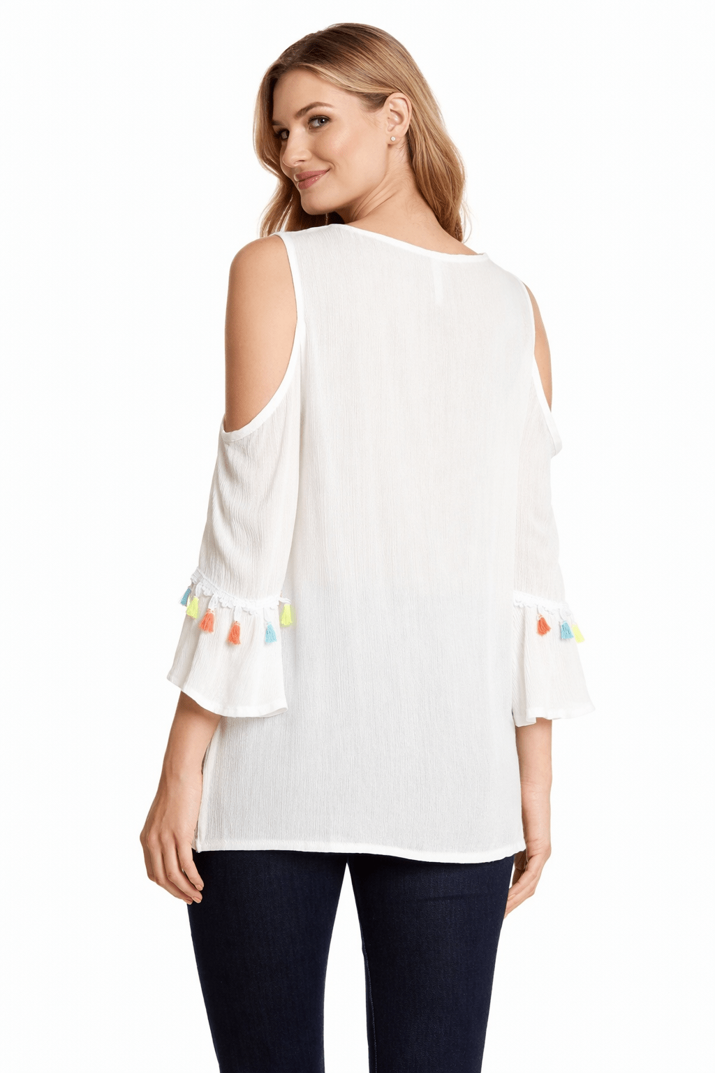 Embroidered Cold Shoulder Cover-Up Top with Colorful Tassels Club Moda Tunics - styling view 5