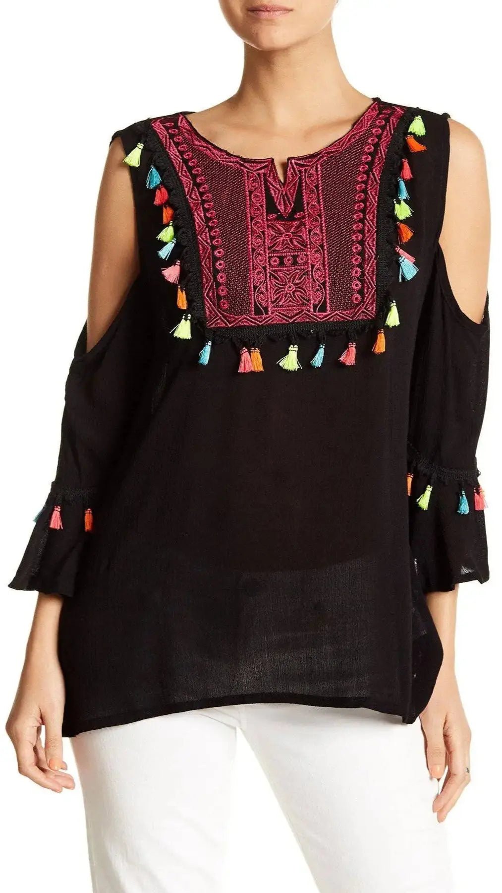 Embroidered Cold Shoulder Cover-Up Top with Colorful Tassels lamodaclothings Tunics