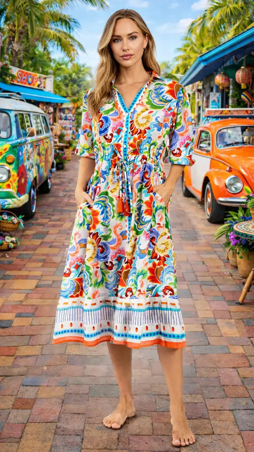 Colorful Resort Wear Midi Dress - Premium Resort Wear | Luxury Midi Dress for Vacation & Cruise | Club Moda