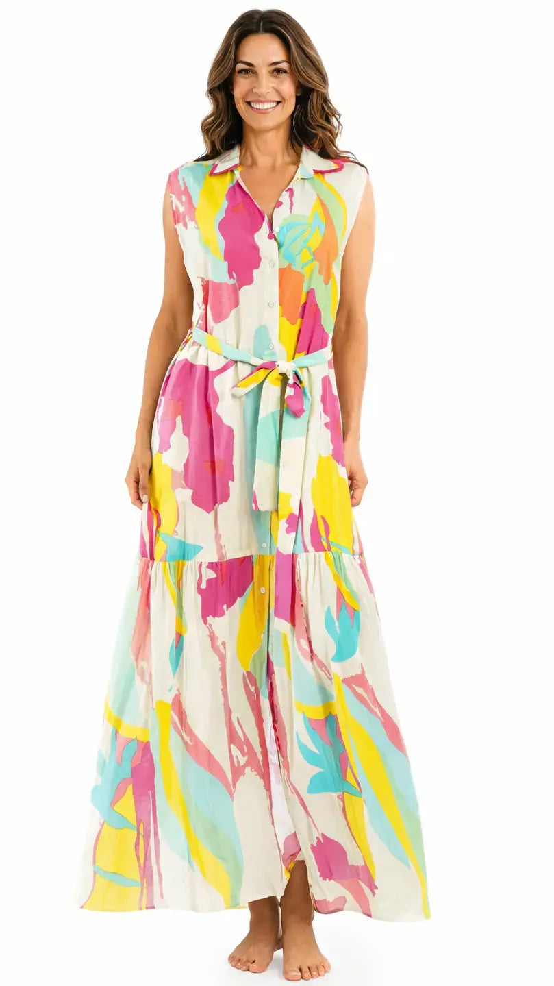 Colorful Sleeveless Maxi Shirt Dress – Luxury Resort Wear Vacation Dress - Designer Maxi Dress | Elegant Kaftan Cover Up Dress | Club Moda USA