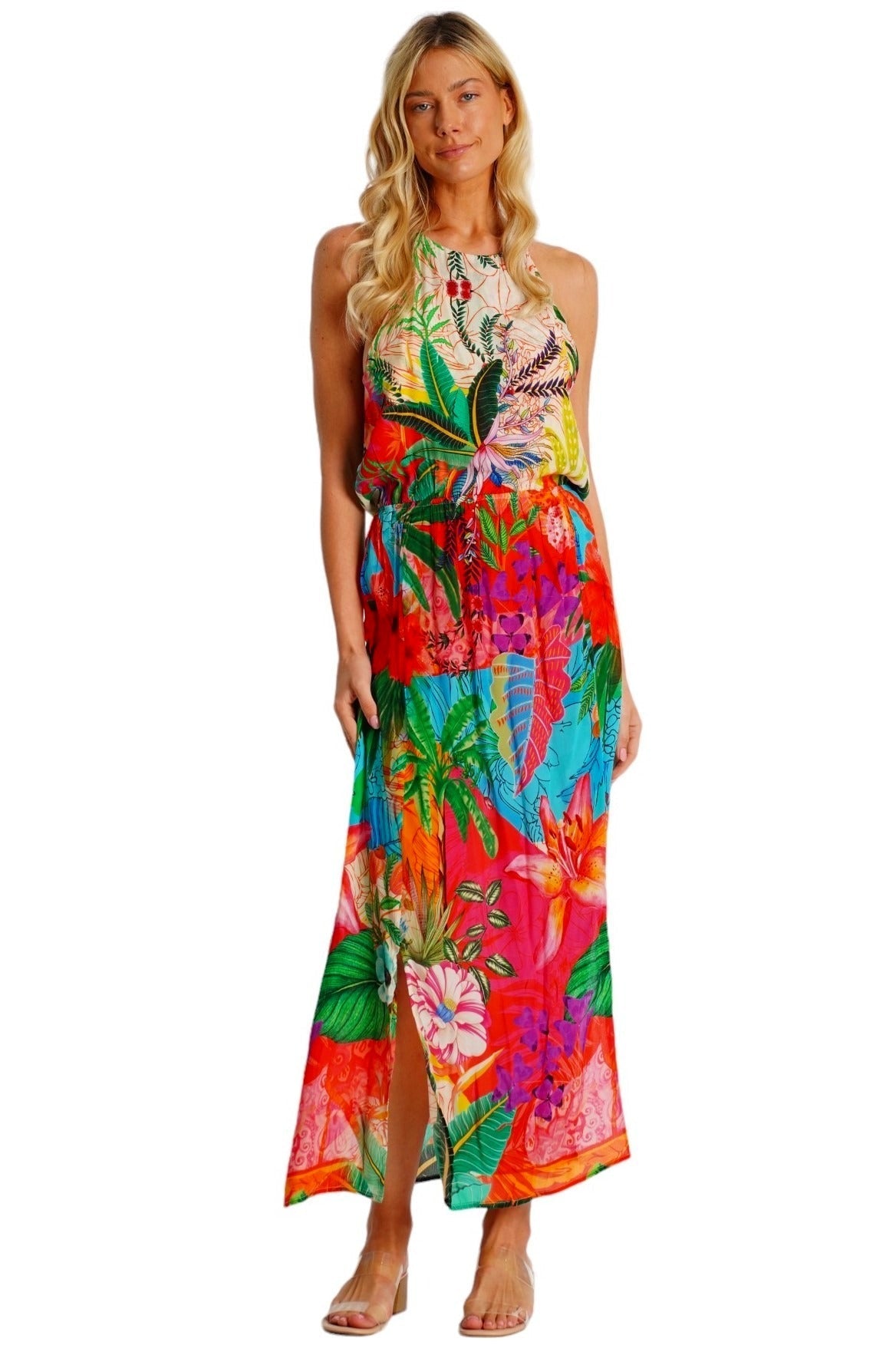 Colorful Strapless Maxi Dress – Tropical Floral Print Resort Wear - Back View | Club Moda USA