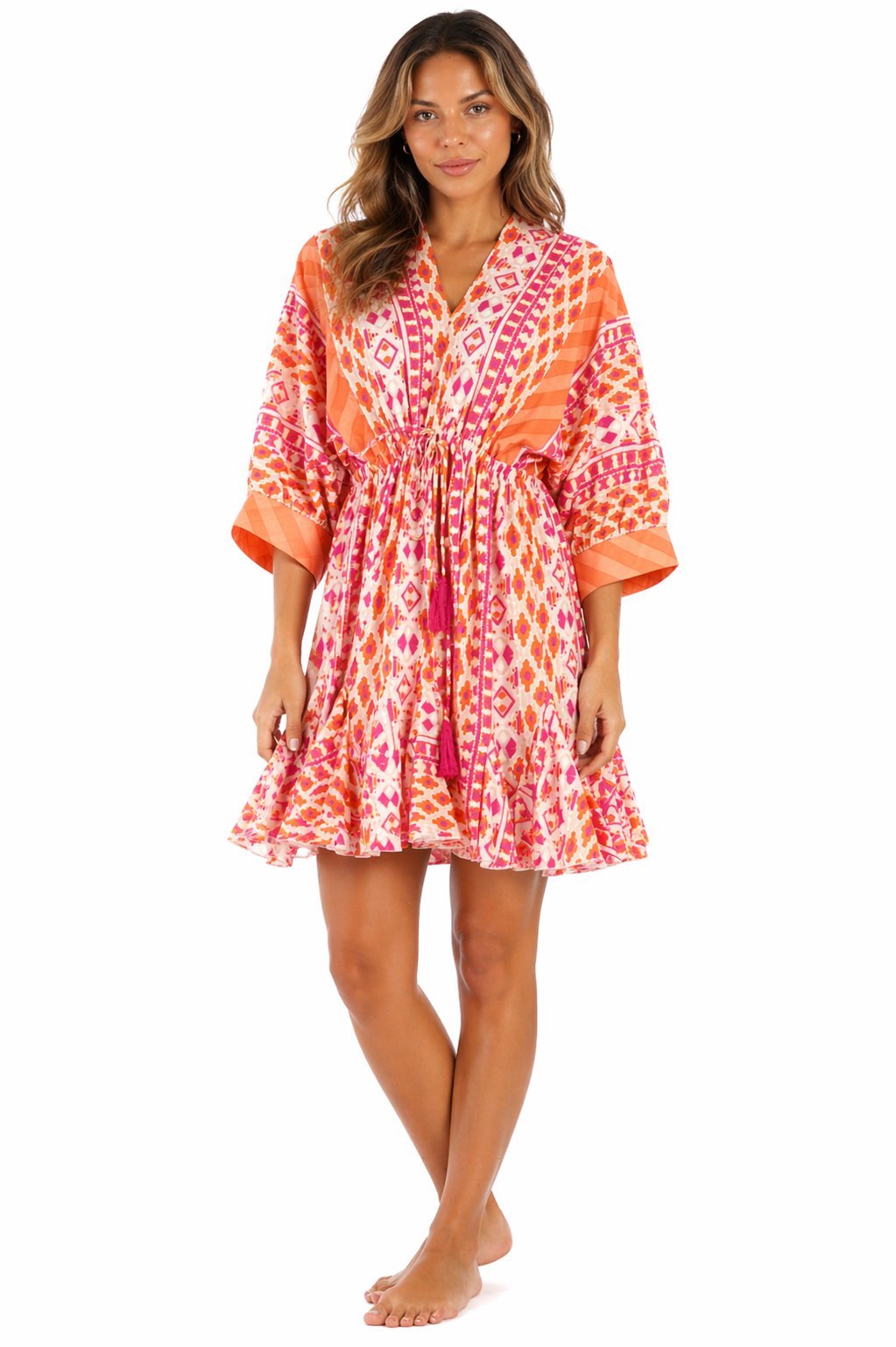 Coral Ikat Sunset Babydoll Mini Dress - Designer Mini Dress | Elegant Kaftan Cover Up Dress | Club Moda USA