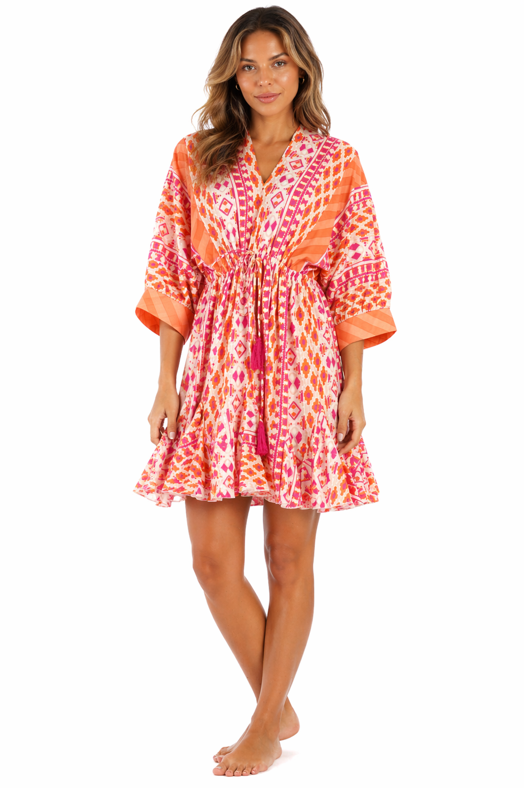 Coral Orange Ikat Sunset Print Tiered Babydoll Bell-Sleeve Mini Dress - Designer Mini Dress | Elegant Kaftan Cover Up Dress | Club Moda USA