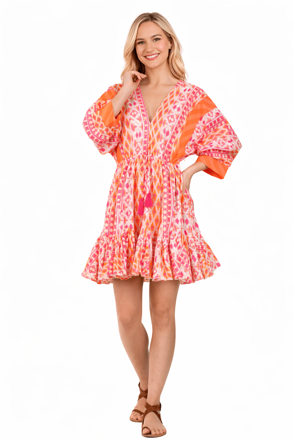 Coral sunset ikat gradient print tiered babydoll mini dress — close-up of embellished neckline | Club Moda resort wear