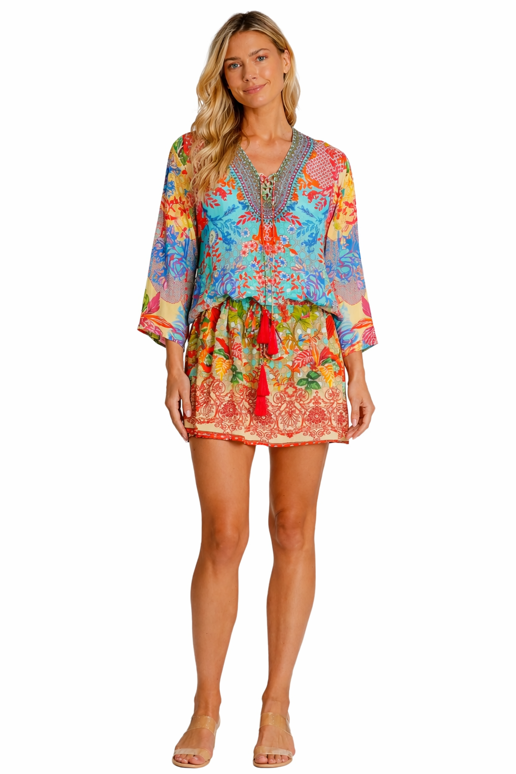 Coral Tropical Floral Mini Dress – Printed Vacation Dress for Women - Detail View | Club Moda USA