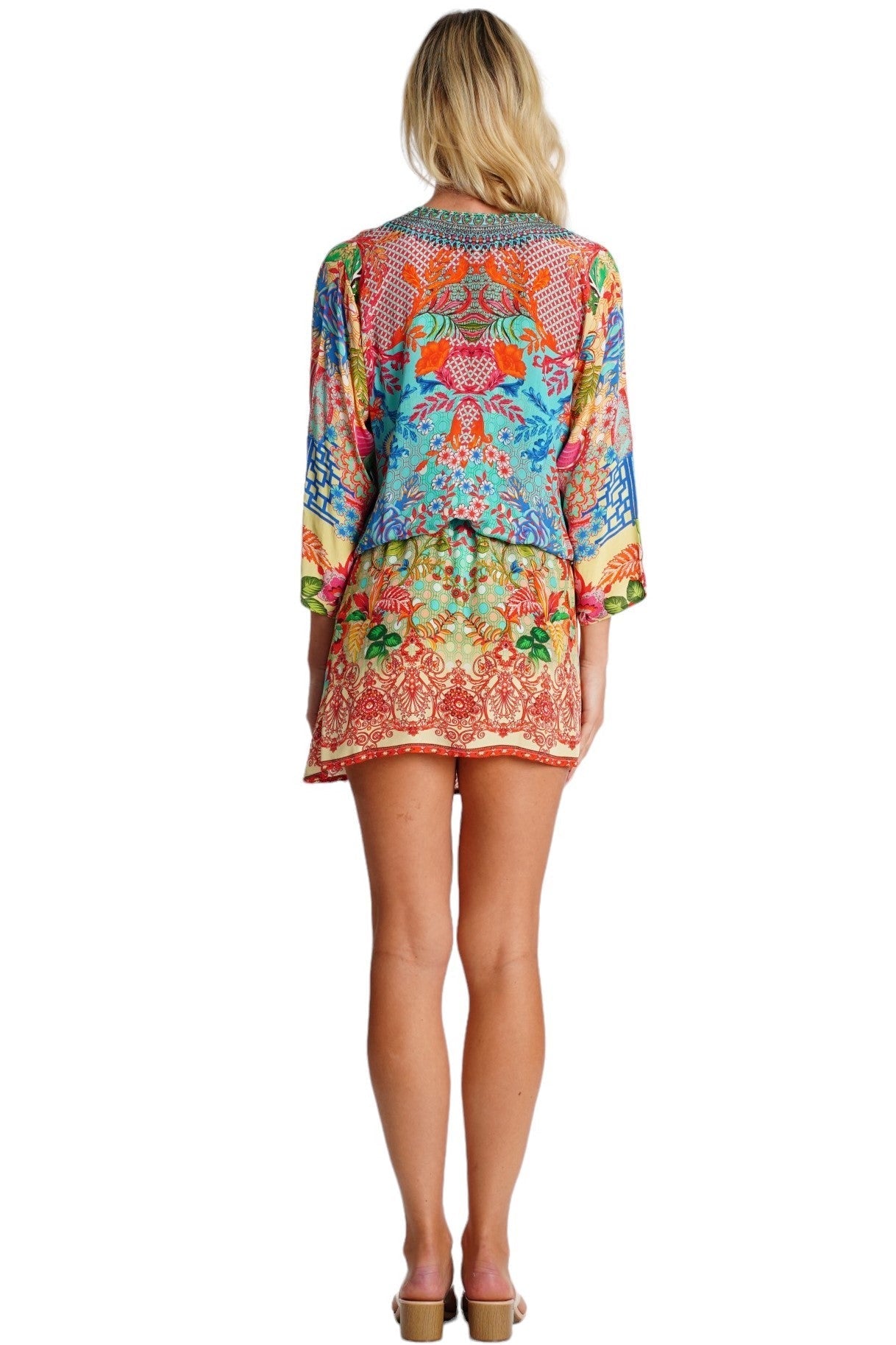 Coral Tropical Floral Mini Dress – Printed Vacation Dress for Women - Side View | Club Moda USA