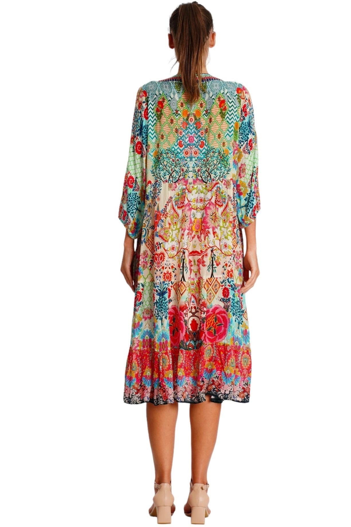 Cream Multicolor Folk-Art Boho Midi Dress - detail close-up - Club Moda USA vacation dress