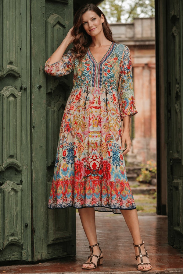 Cream multicolour folk print midi dress in a mid-length cut for resort wear