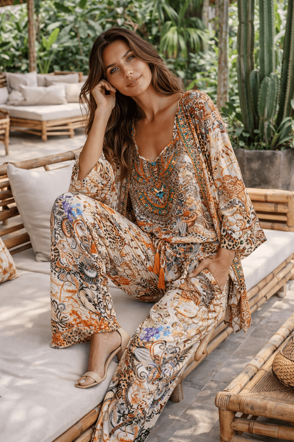 Cream Paisley Baroque Resort Cape - Premium Resort Wear | Luxury Kimono for Vacation & Cruise | Club Moda