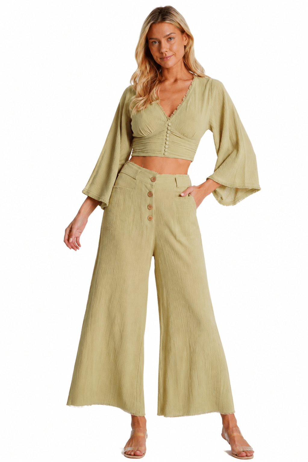 Crop top and pants resort set, shown from another angle