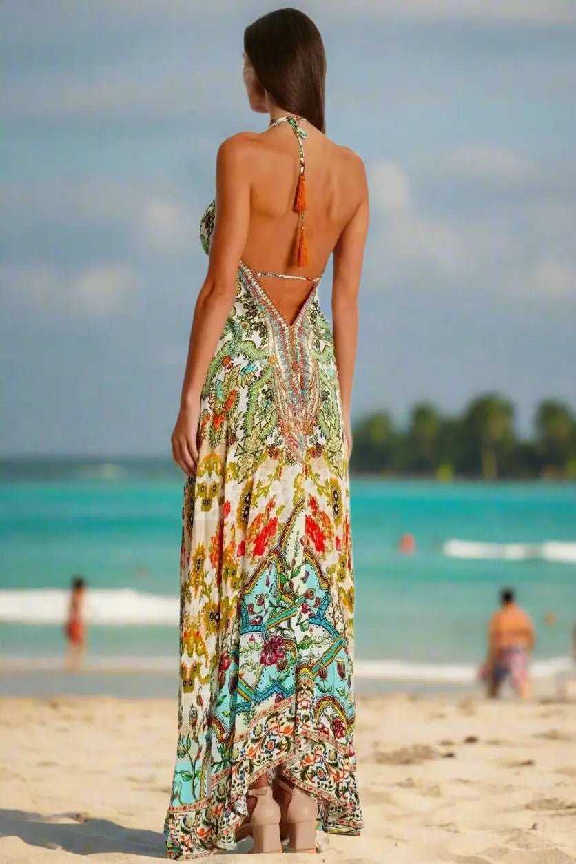 Cross Halter Maxi Dress - Designer Maxi Dress | Elegant Kaftan Cover Up Dress | Club Moda USA