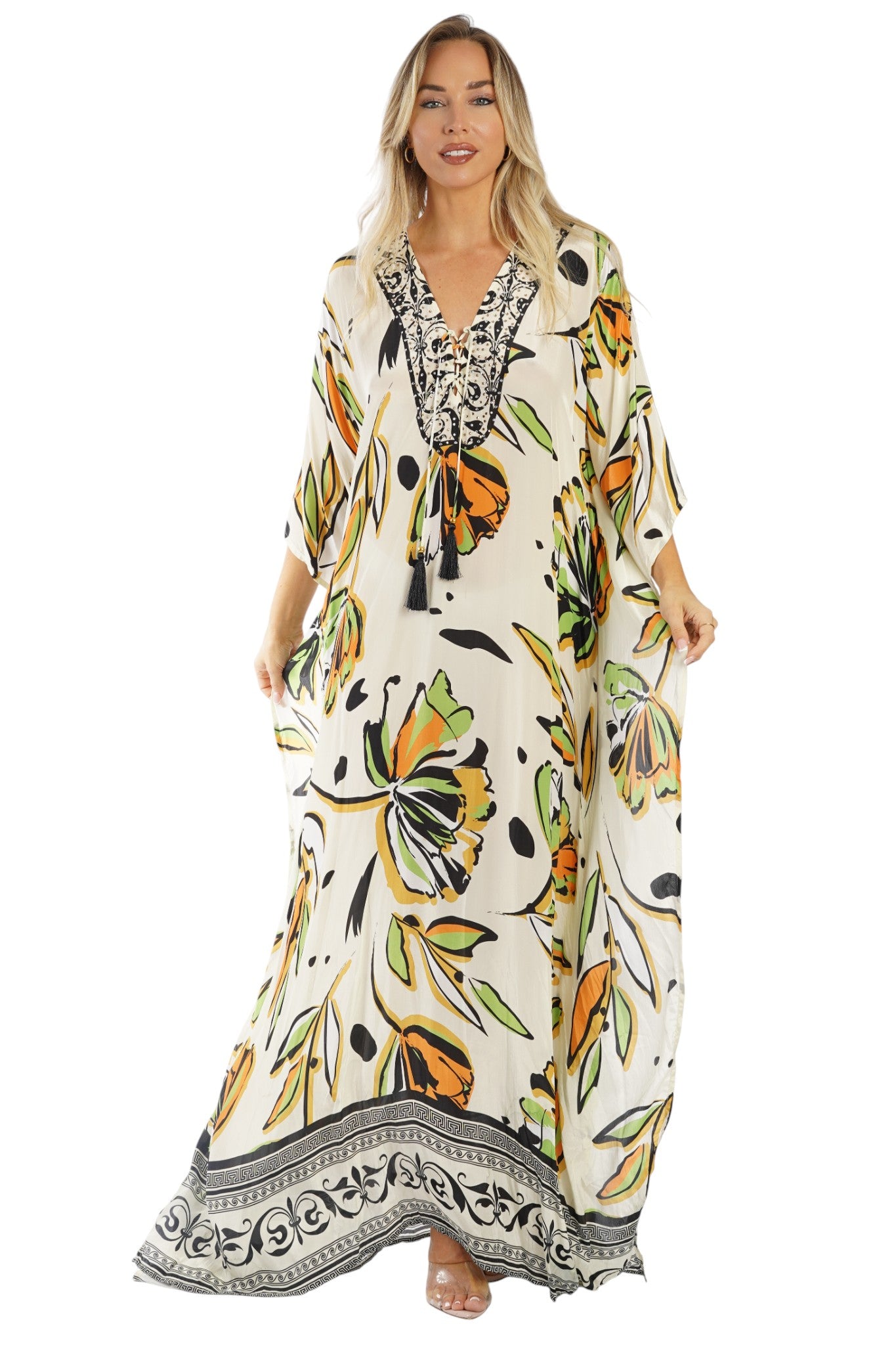 Cream painterly-print V-neck kaftan with tassel ties — embarkation day cruise outfit