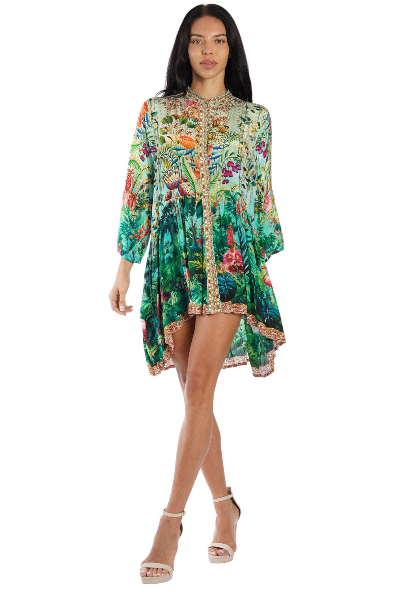 Tropical floral high-low shirt-dress used as beach cover-up at a Caribbean port