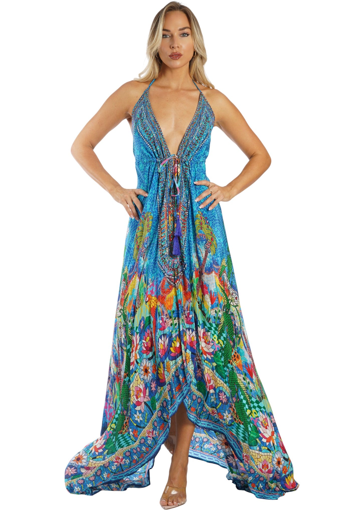 Vibrant blue tropical-print halter maxi dress with embellished neckline for cruise sunset cocktails