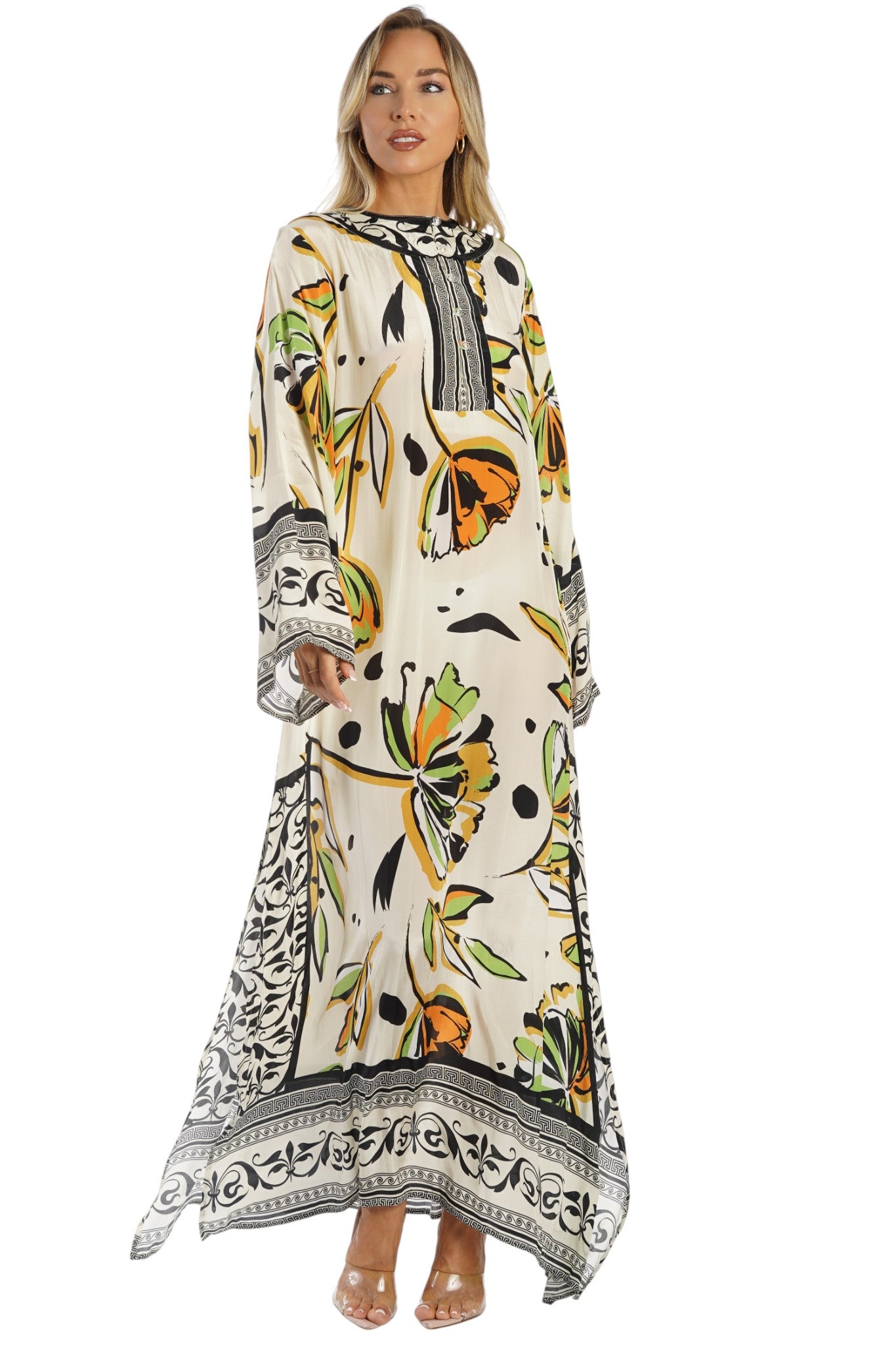 Cream and orange long-sleeve floor-length kaftan suitable for cruise shore excursions and historic sites