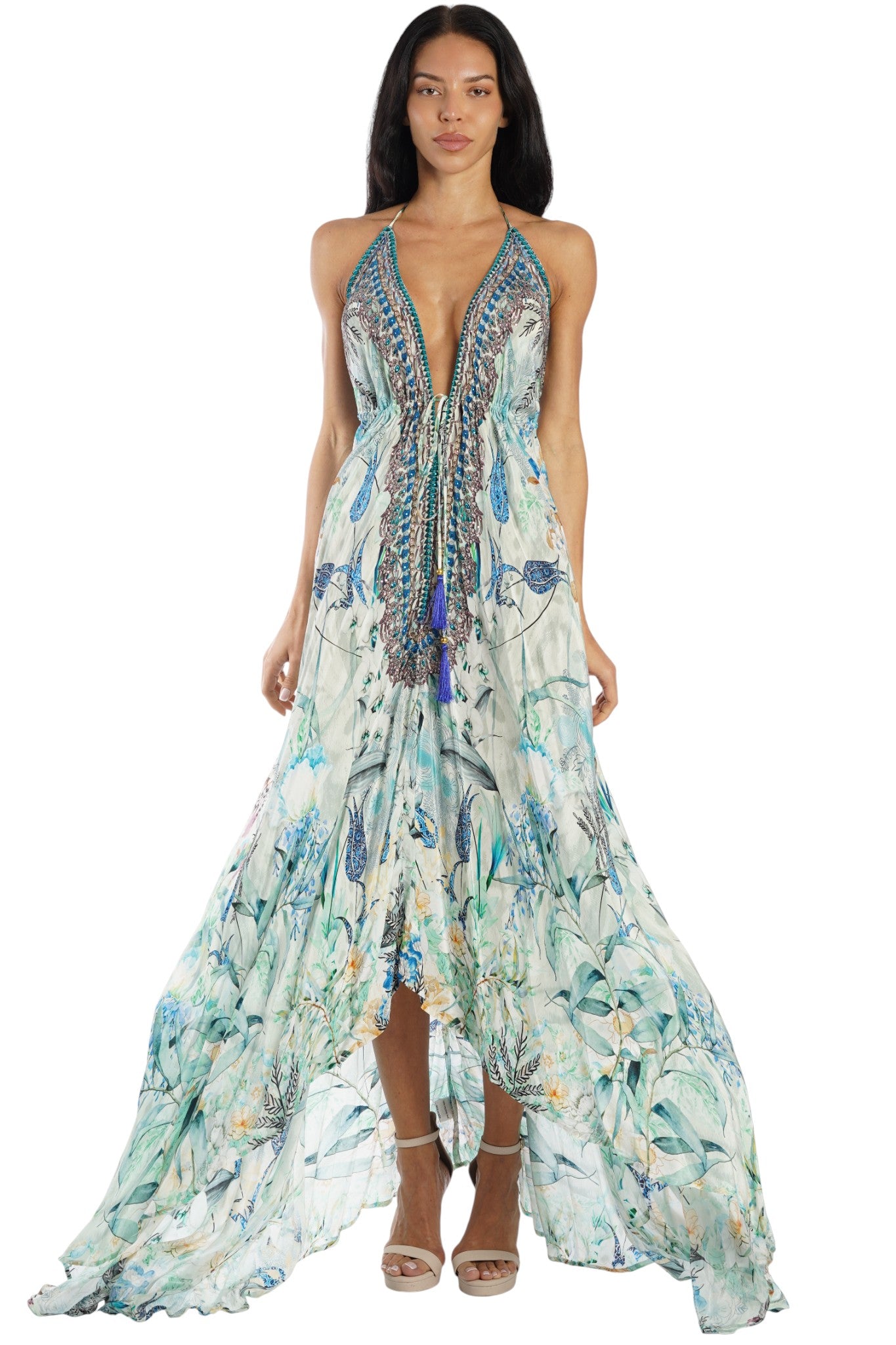 Aqua and ivory deep-V halter maxi gown with embellished plunge — cruise formal night dress