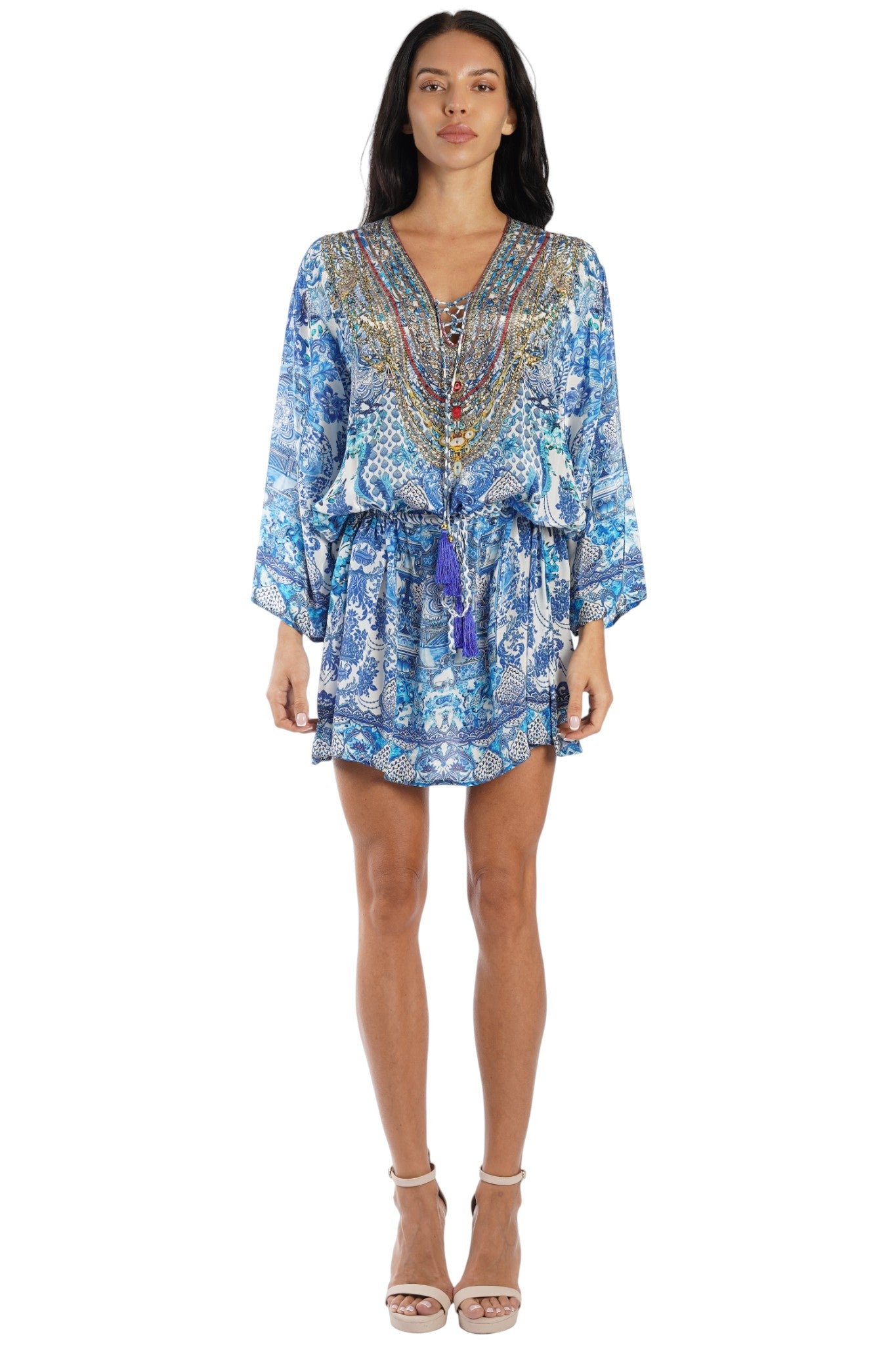 Blue and white floral embellished blouson mini dress with kimono sleeve for cruise disembarkation brunch