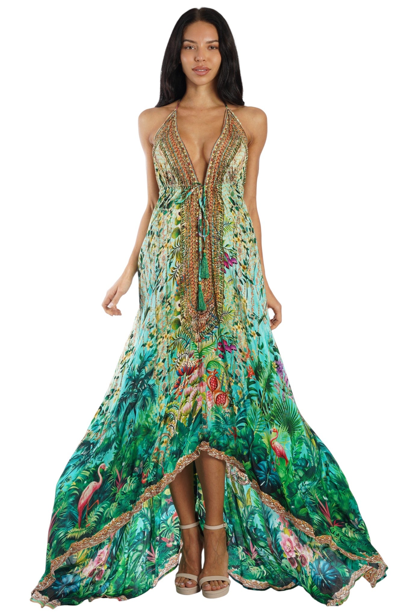 Tropical print halter maxi dress styled as cruise wear hero — Club Moda USA
