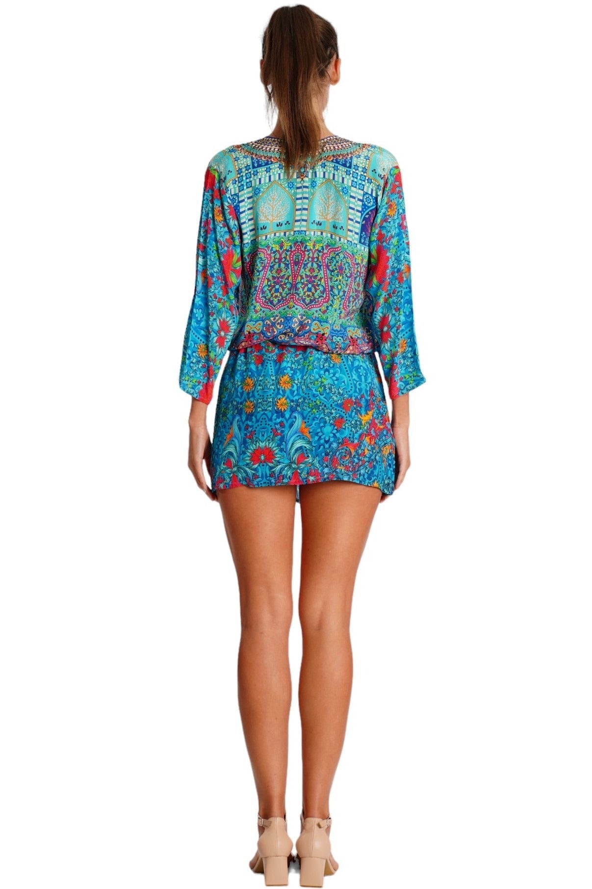Deep Blue Tropical Mini Dress – Ocean Print Boho Vacation Dress - Side View | Club Moda USA