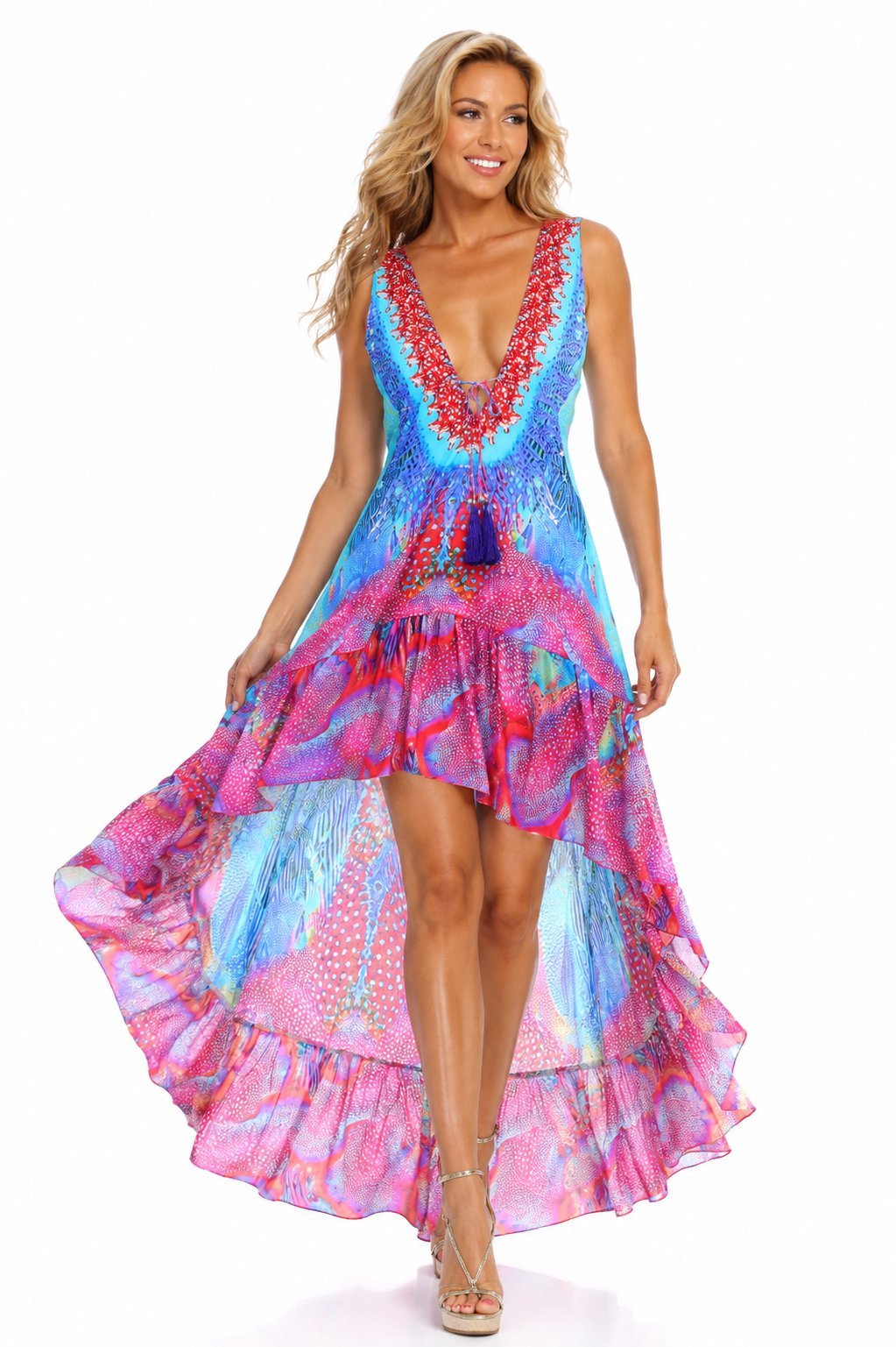 Multicolor high-low vacation dress, shown from another angle