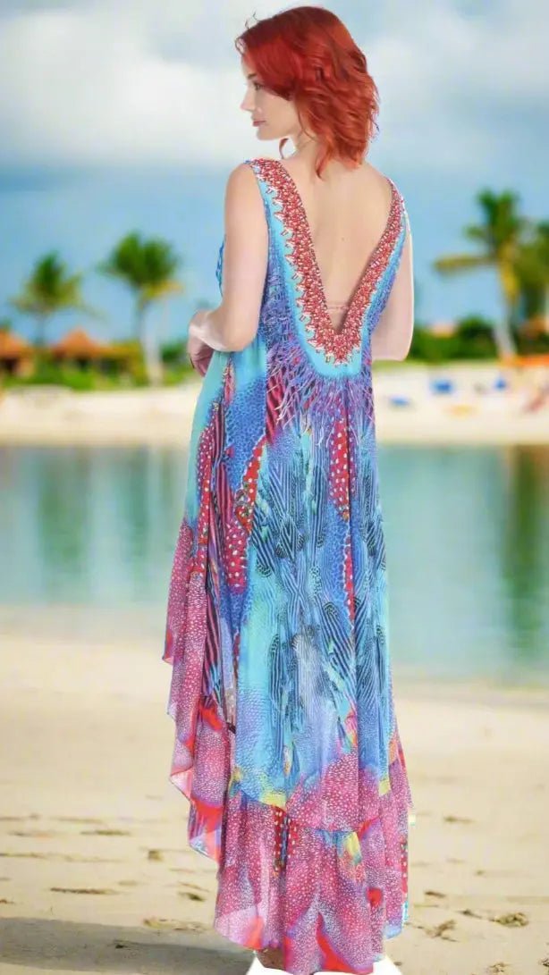 Designer High Low Multi-Color Vacay Dress - Designer Maxi Dress | Elegant Kaftan Cover Up Dress | Club Moda USA