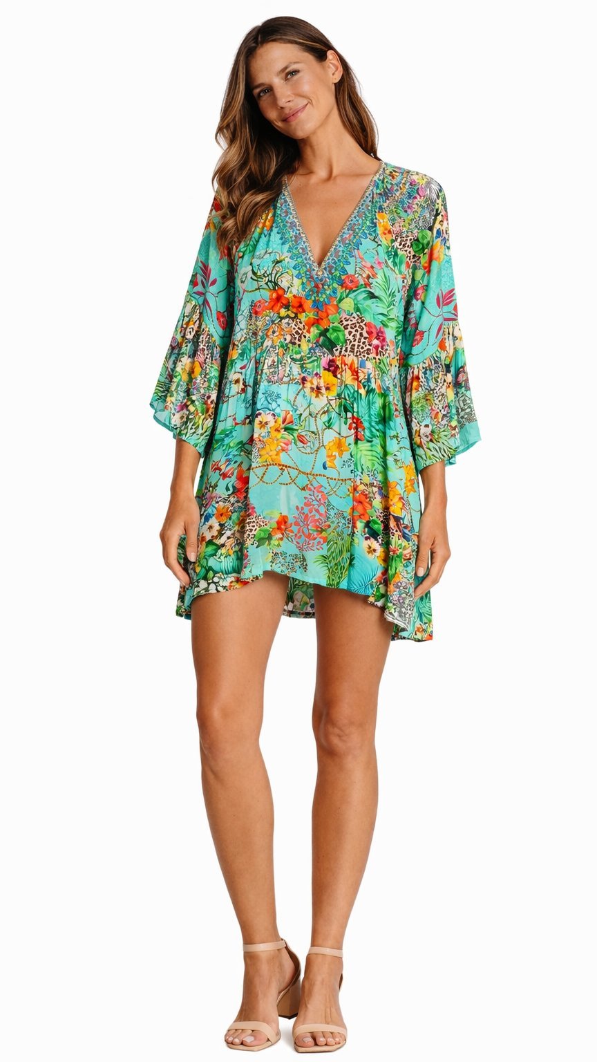 Mini swim cover-up worn over swimwear at the beach, additional view