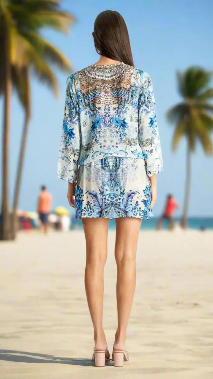 Drawstring Tunic Mini Dress - Designer Mini Dress | Elegant Kaftan Cover Up Dress | Club Moda USA