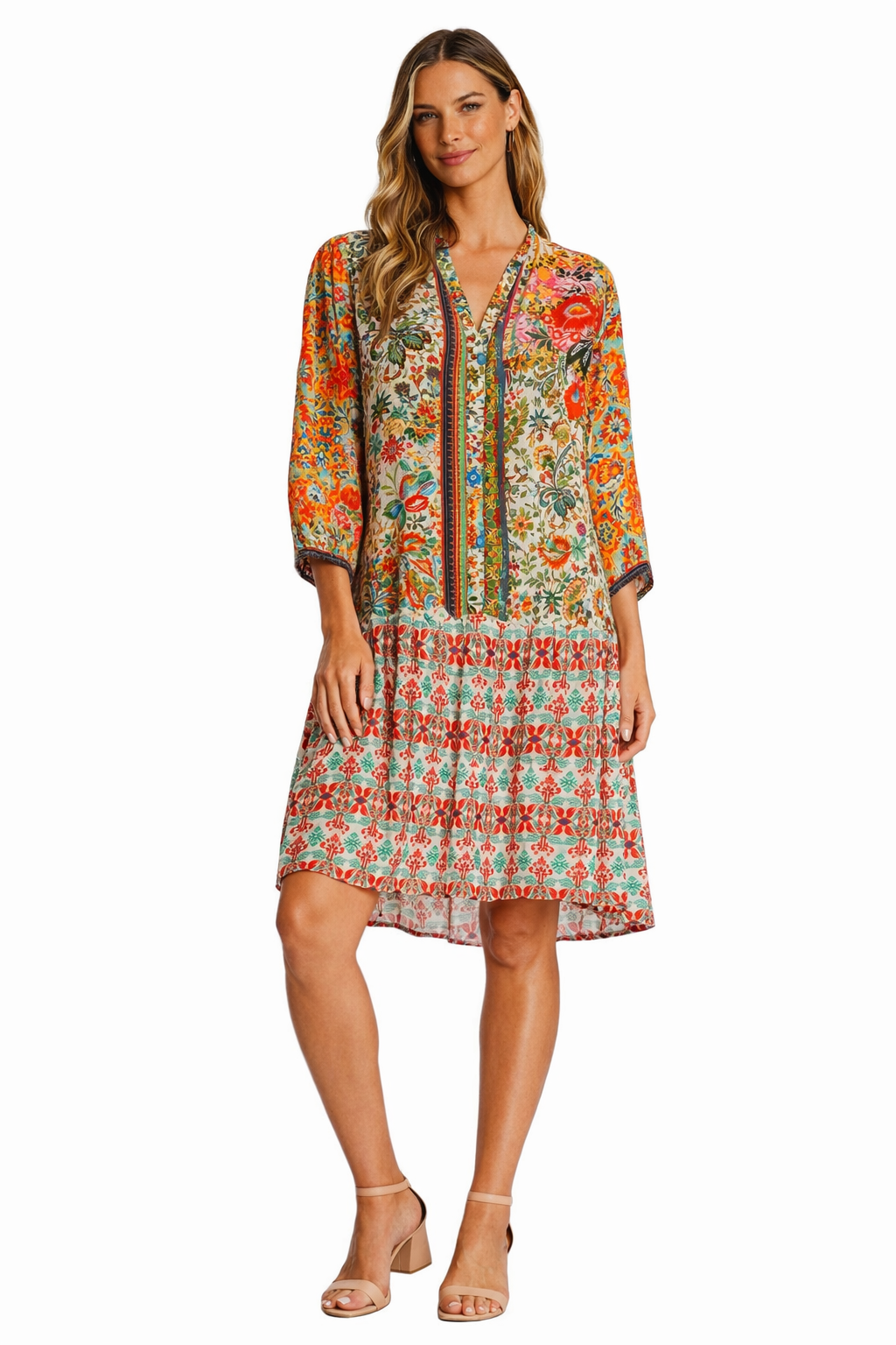 Earth Tone Bohemian Mini Dress – Floral Border Print Resort Dress - Detail View | Club Moda USA