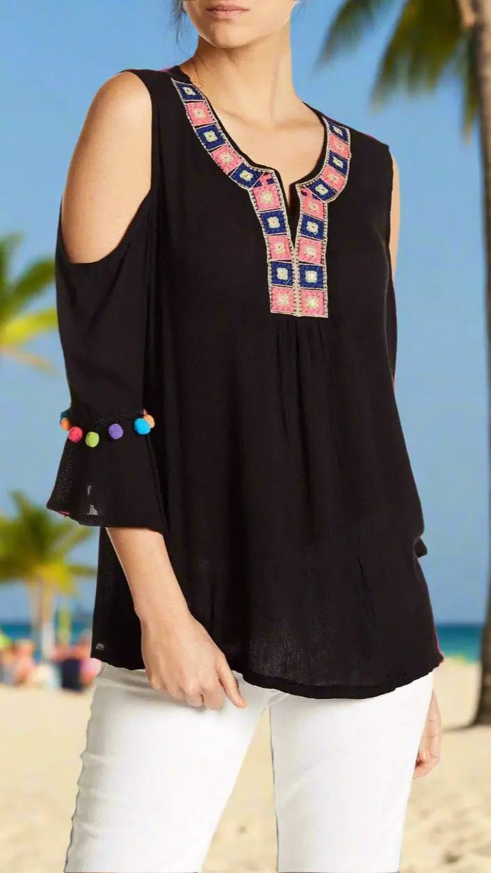 Embroidered Cold Shoulder Beach Top with Colorful Pompoms - Premium Resort Wear | Luxury Top for Vacation & Cruise | Club Moda