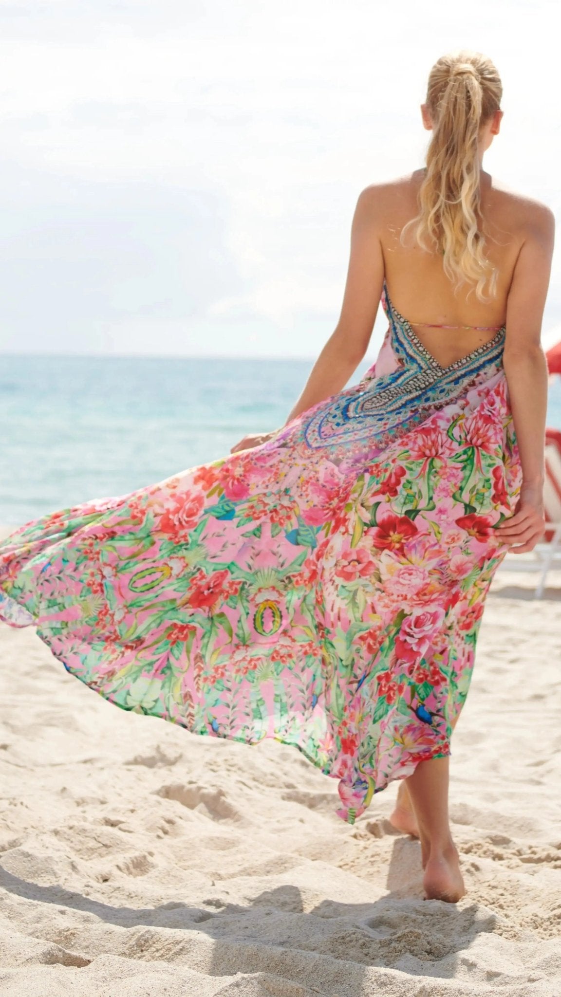 Endless Summer Designer Halter Neck Backless Resort Dress - Designer Maxi Dress | Elegant Kaftan Cover Up Dress | Club Moda USA