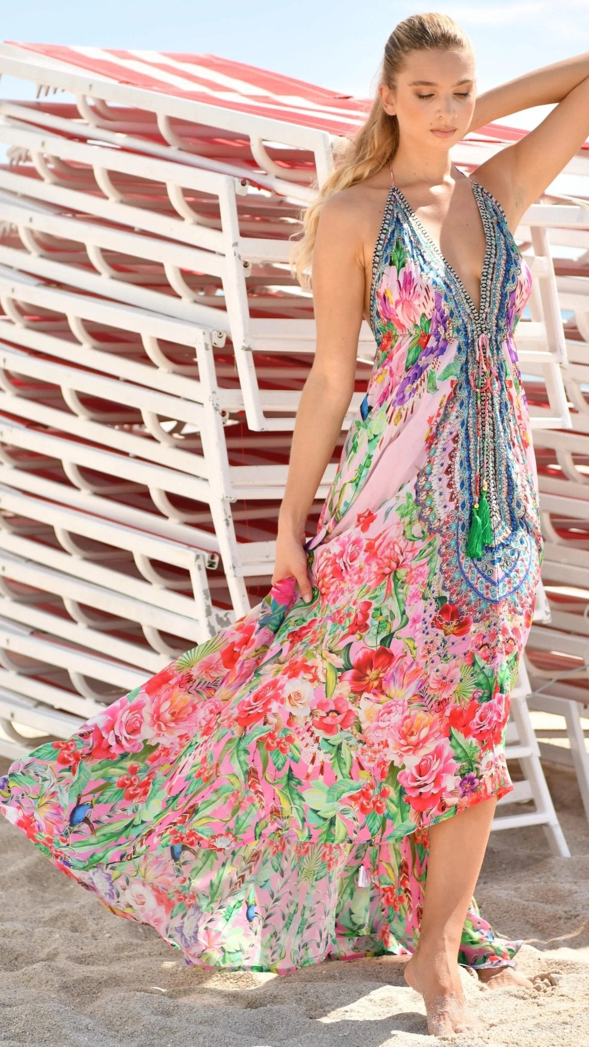 Endless Summer Designer Halter Neck Backless Resort Dress - Premium Resort Wear | Luxury Maxi Dress for Vacation & Cruise | Club Moda