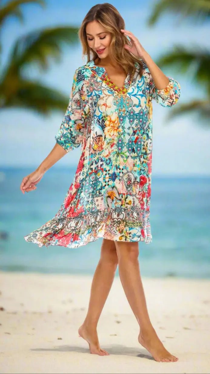 Ethnic Style Summer Dress - Designer Mini Dress | Elegant Kaftan Cover Up Dress | Club Moda USA