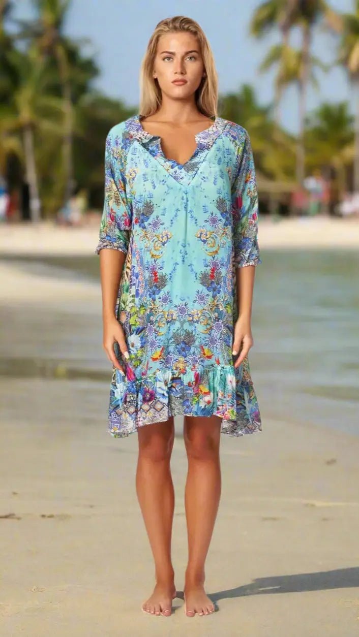 Flower Print Summer Dress - Designer Mini Dress | Elegant Kaftan Cover Up Dress | Club Moda USA