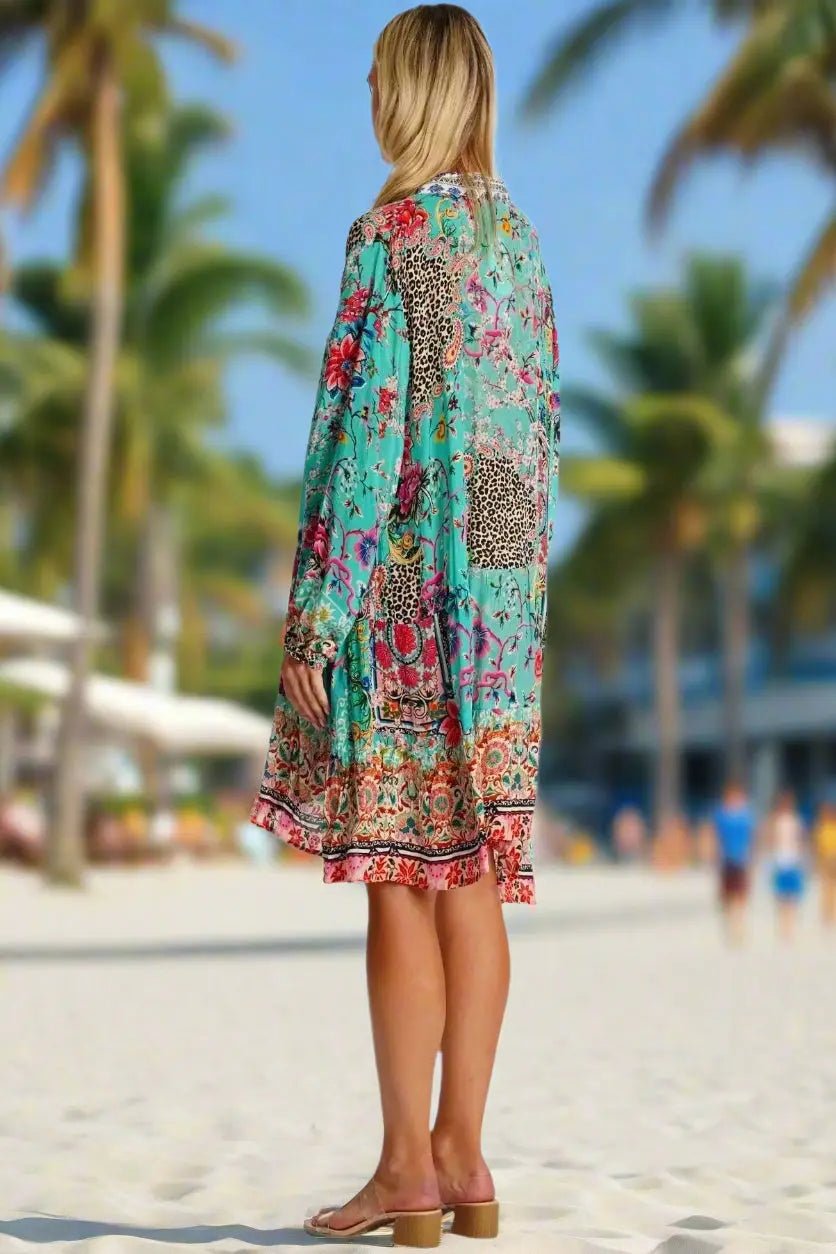 Flowy Mini Shirt Dress - Designer Mini Dress | Elegant Kaftan Cover Up Dress | Club Moda USA