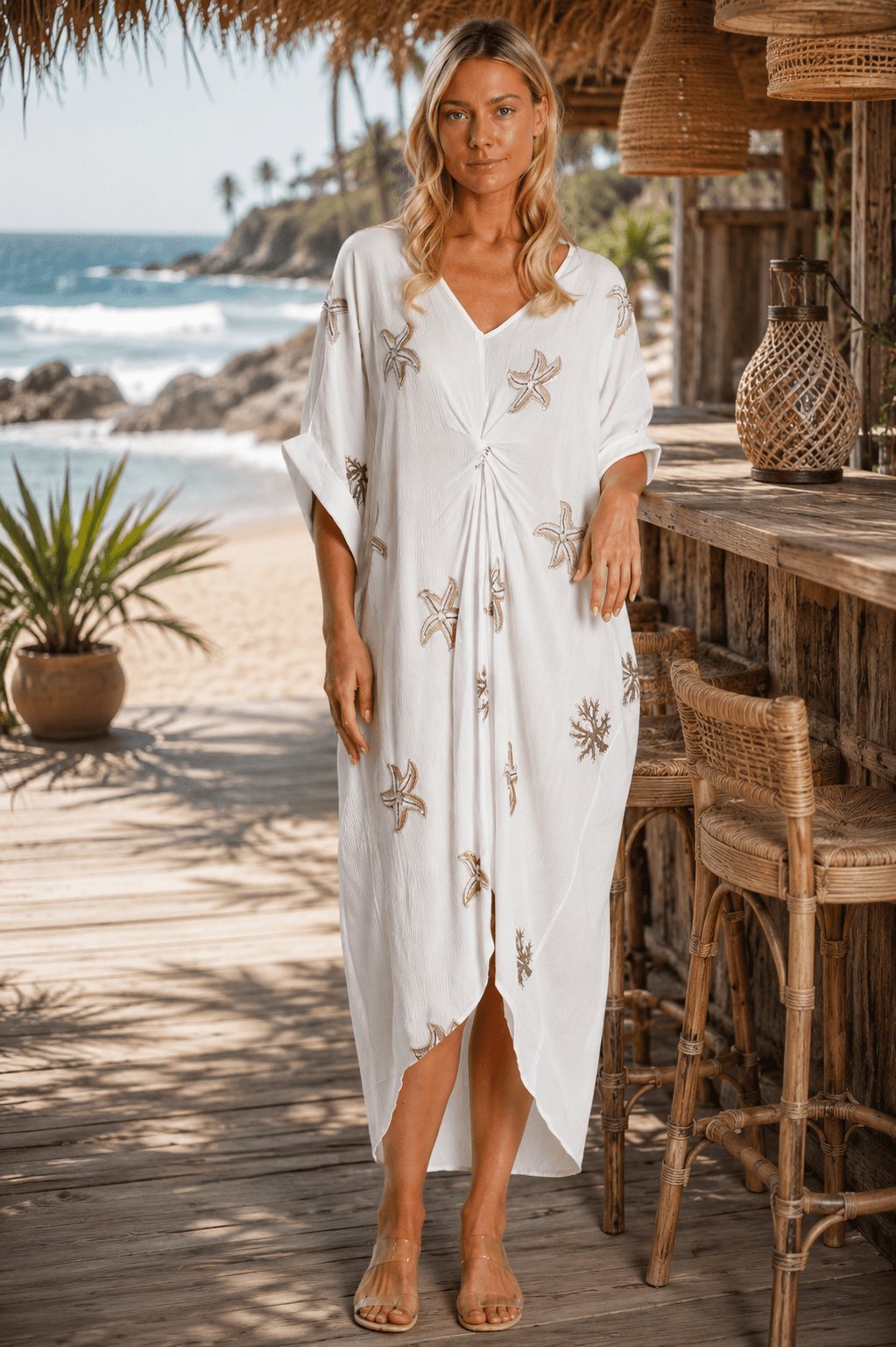 Front-knot caftan dress, shown from another angle