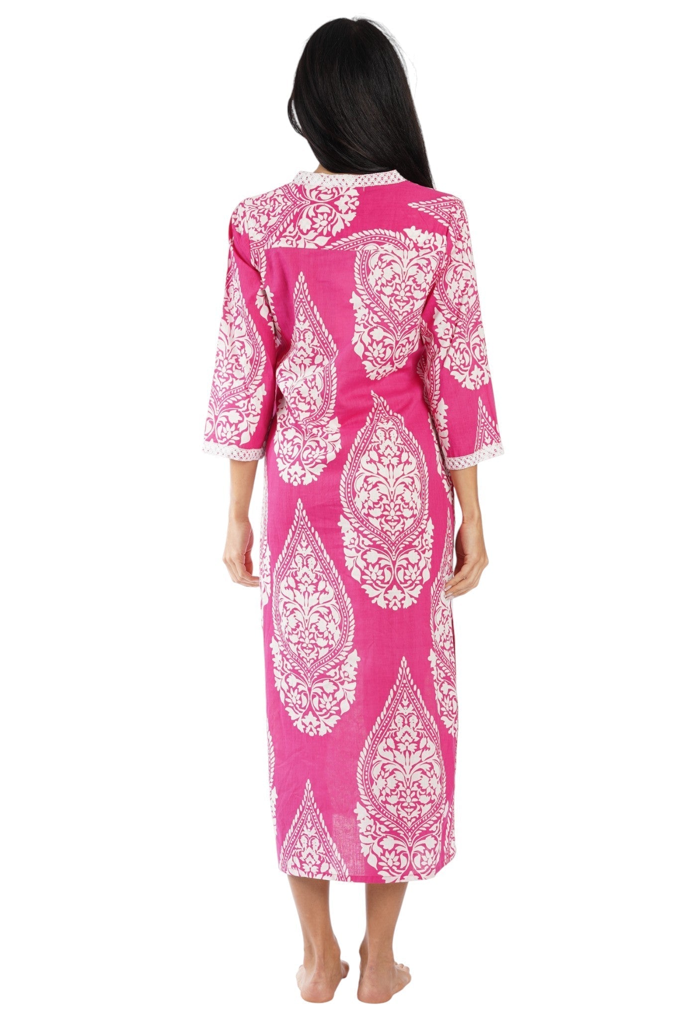 Fuchsia Pink paisley medallion print maxi caftan with side slits — back view | Vacation-ready resort dress