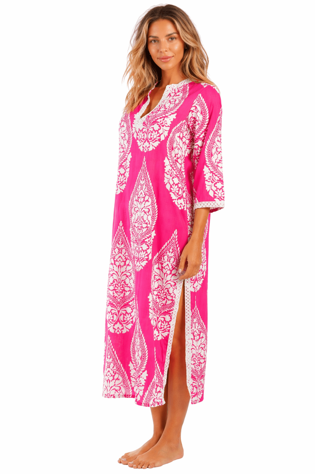 Fuchsia Pink Paisley Medallion Maxi Caftan with Side Slits - Designer Caftan | Elegant Kaftan Cover Up Dress | Club Moda USA
