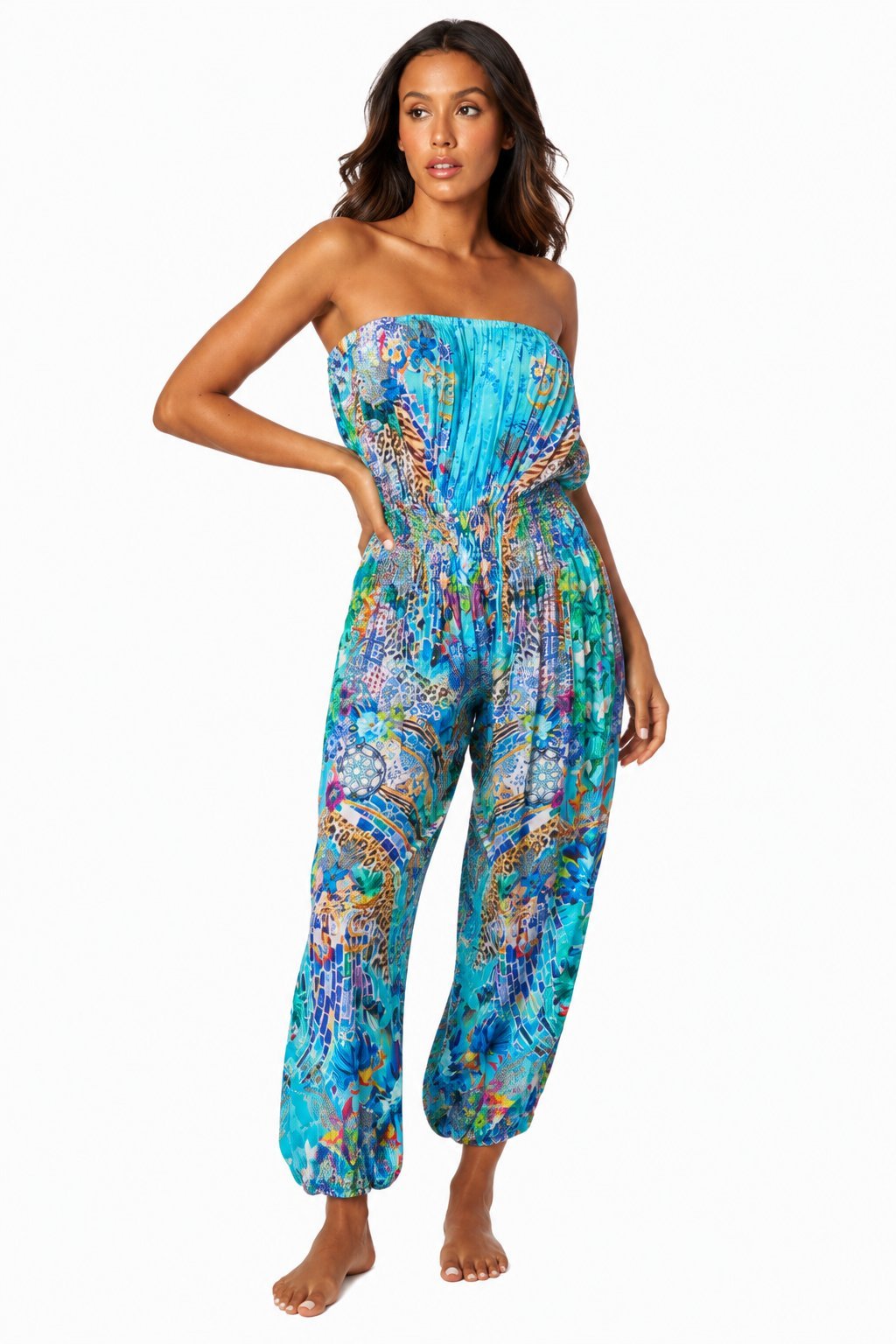 Bohemian garden-print jumpsuit with a relaxed fit, shown from another angle