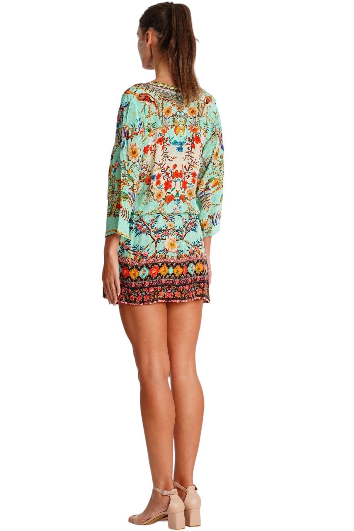 Green Floral Boho Mini Dress – Botanical Print Vacation Dress - Designer Mini Dress | Elegant Kaftan Cover Up Dress | Club Moda USA