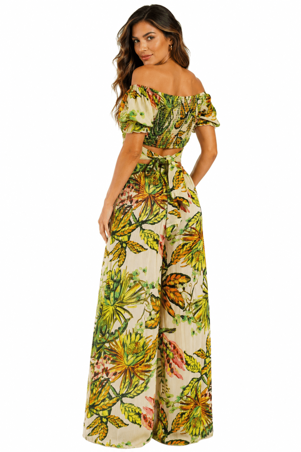 Green jungle-leaf crop top and wide-leg pants resort set by Club Moda — side view