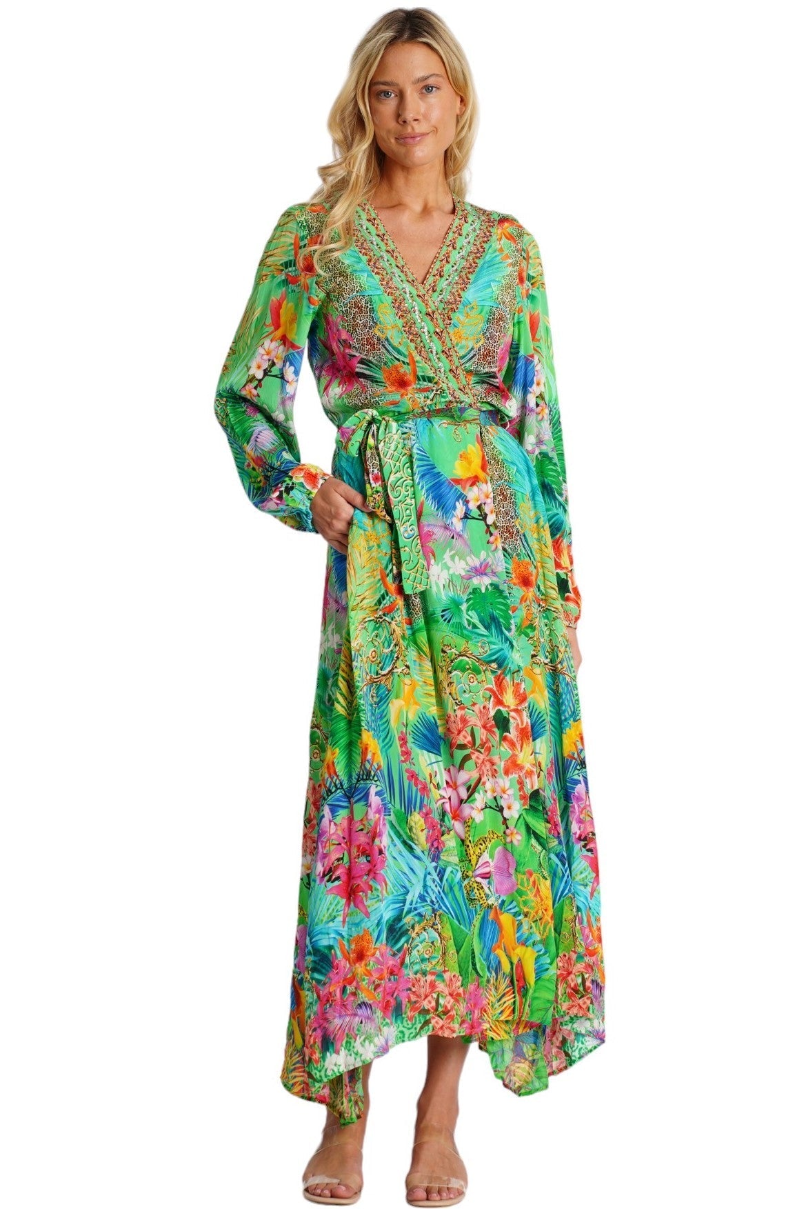 Green Tropical Embellished Long Beach Kimono - back view - Club Moda USA resort collection