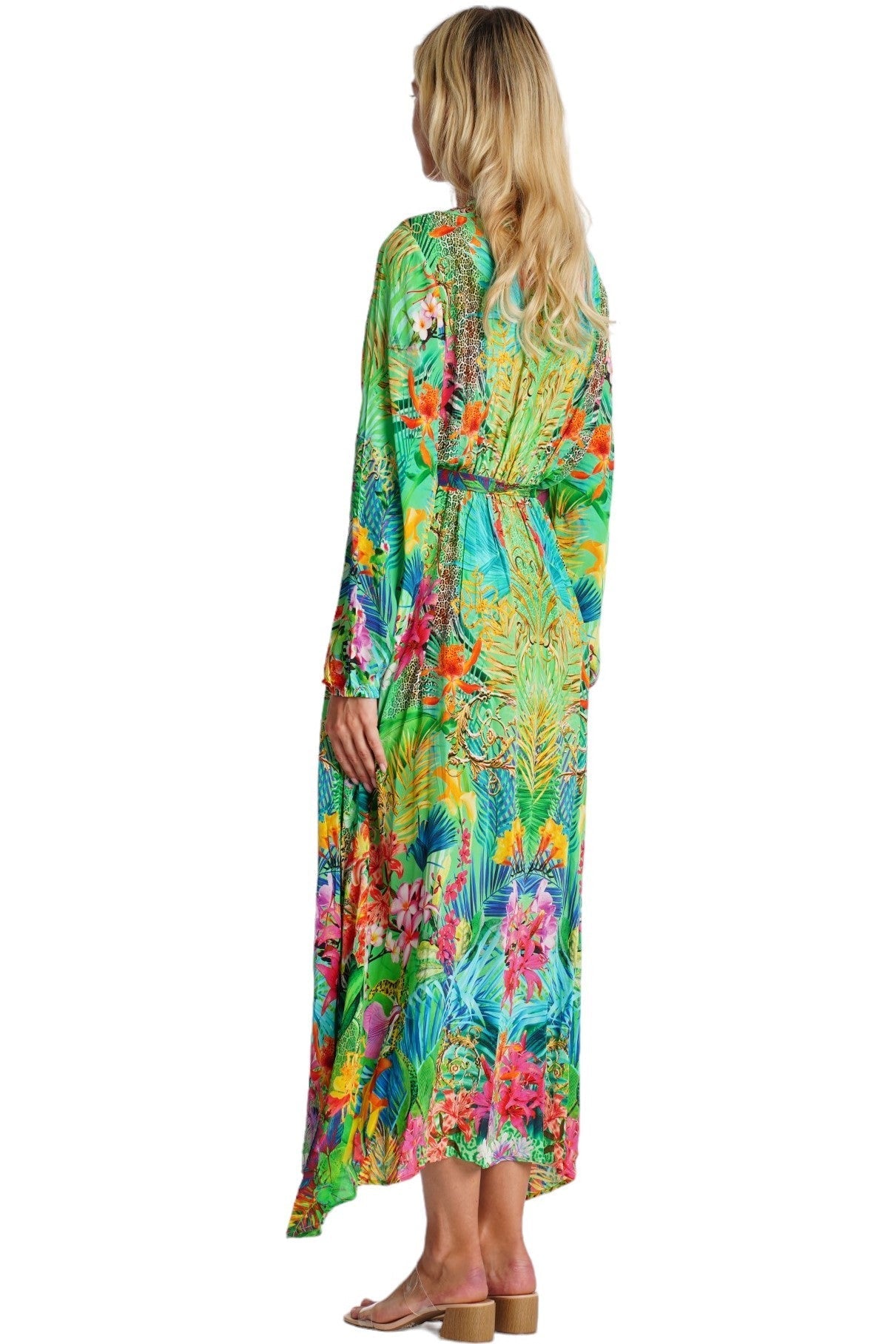 Green Tropical Embellished Long Beach Kimono - Designer Kimono | Elegant Kaftan Cover Up Dress | Club Moda USA