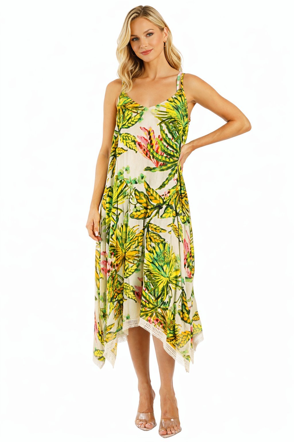 Green tropical palm print detail on handkerchief-hem midi dress by Club Moda